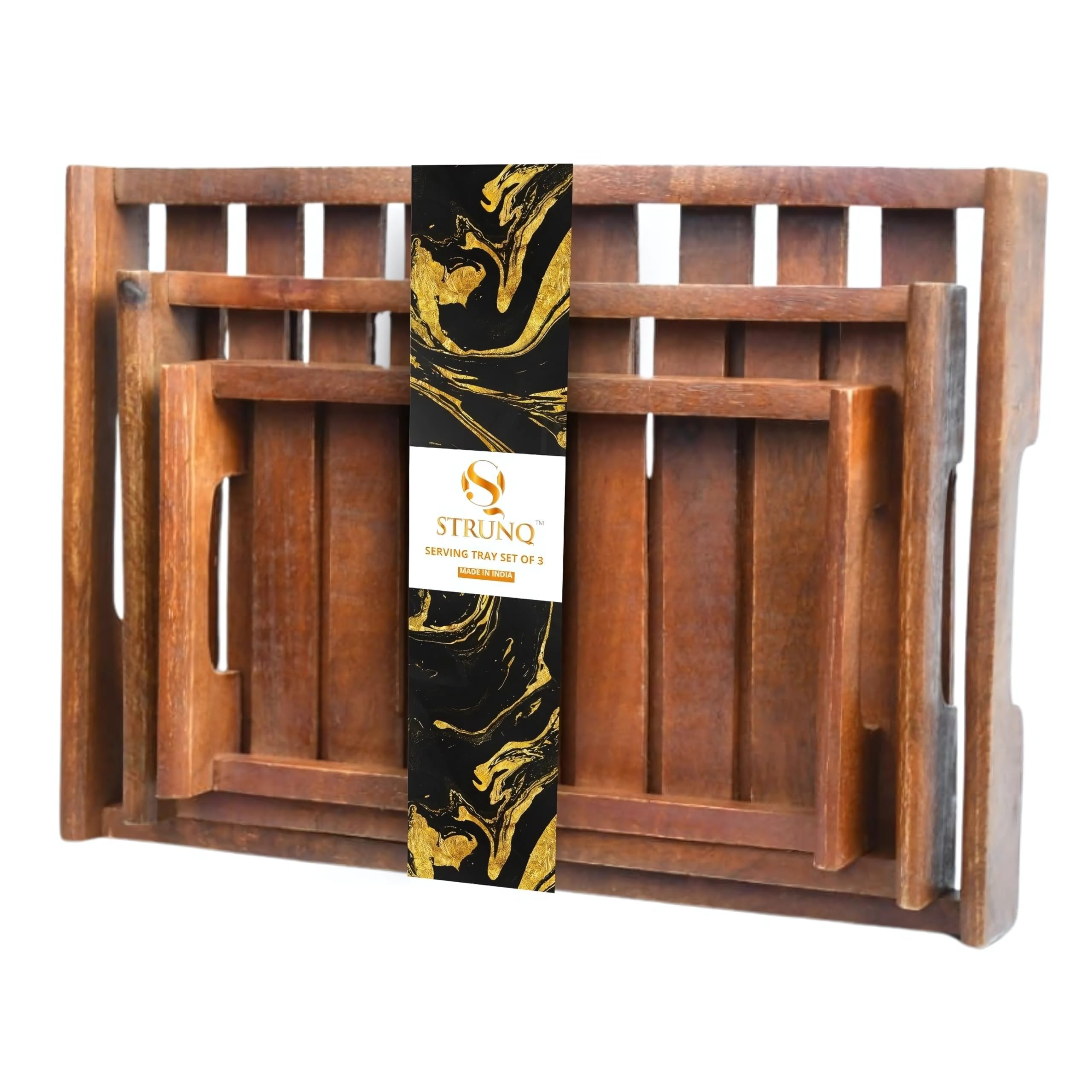 Strunq Wooden Tray Set For Serving, Serving Tray Set Of 3  Wooden Trays With Handles In Large, Medium & Small, Perfect For Coffe